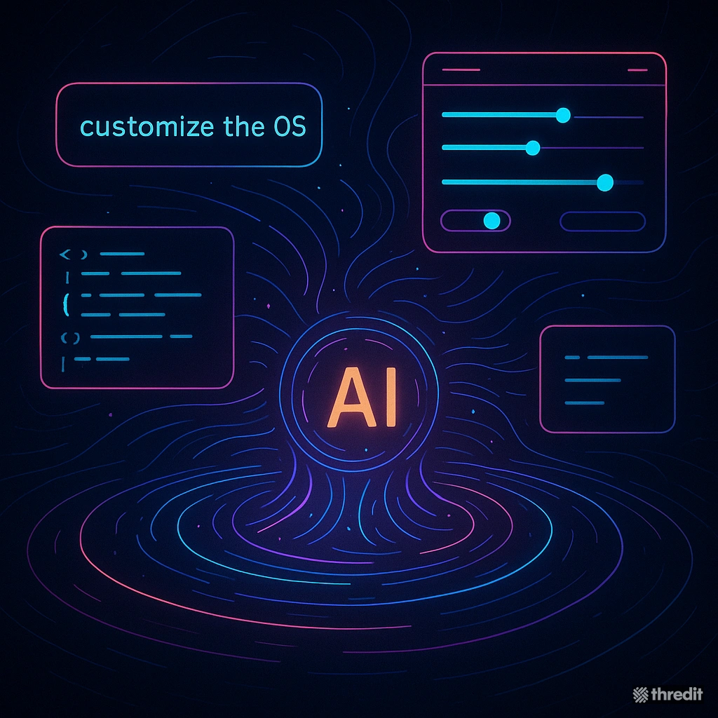 A glowing, abstract visualization of a user customizing their operating system with natural language