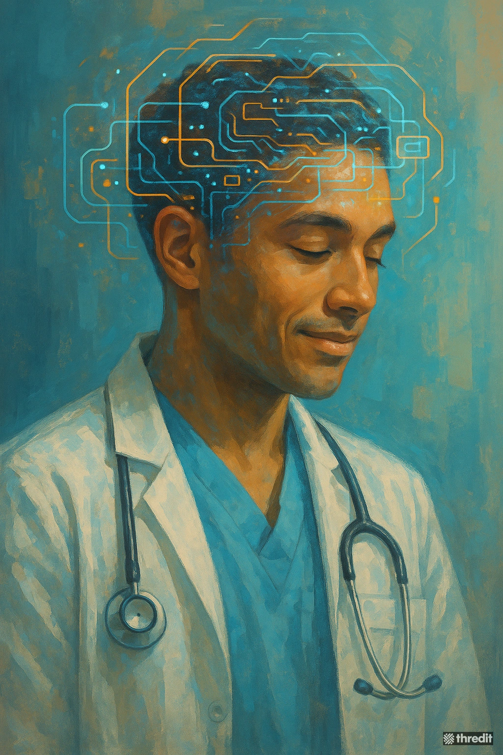 A futuristic, artistic representation of a healthcare professional whose mind is subtly augmented